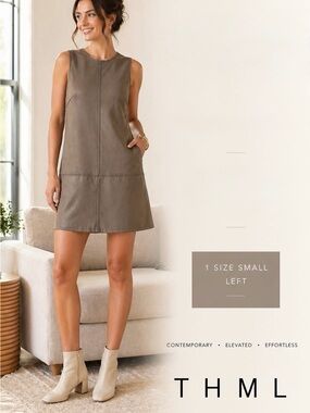 THML Taupe Sleeveless Leather Shift Dress